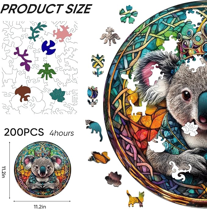 Wooden Jigsaw Puzzle, 200 Pcs Unique 3D Shape Jigsaw Puzzles, Wood Puzzle Gift Box Packing, Medium Size Letter, Creative Gift for Adults and Kids, Fun Challenging (200PCS, Koala)