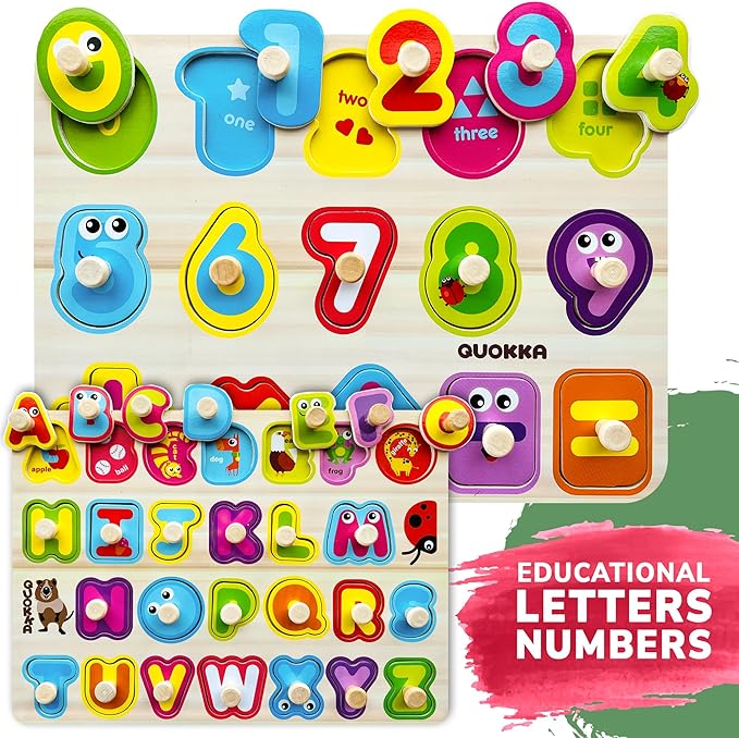QUOKKA Wooden Puzzles for Toddlers 1-3 - 6XSET Toddler Puzzles Ages 2-4 with Rack - Learning Alphabet - Numbers - Animals Montessori Toy for Kids 3-5 - Wood Games Gift for Boys and Girls