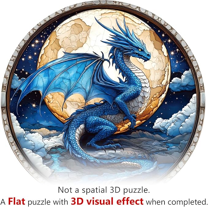 Wooden Puzzles for Adults - Moonlight Blue Dragon Wooden Jigsaw Puzzle, Unique Animal Shaped Wood Puzzles Adult, Christmas Birthday Gifts for Friends/Family, Home Decor 13.4 * 13.4in 300pcs