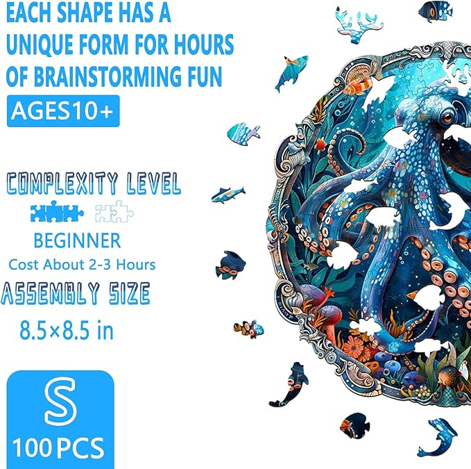 Wooden Puzzles for Adults, Mystic Tentacles Wooden Jigsaw Puzzle, Wood Puzzles Adult, Unique Shaped Octopus Puzzle for Adults, Fun Gifts & Home Decor (S-8.5 * 8.5in - 100 pcs)