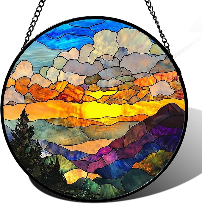 Stained Glass Window Hanging, Abstract Clouds Mountains Landscape Suncatcher for Doors Window Home Sun Catchers Decor Mother's Day Birthday Gifts for Women, Men Mom 9.8 in