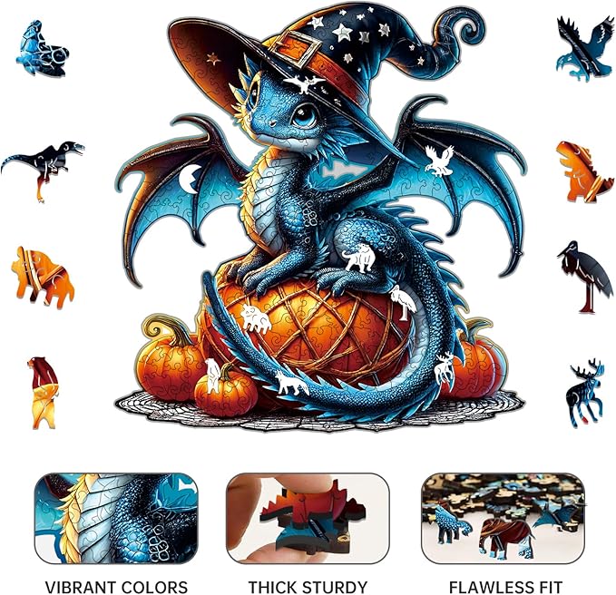 Dragon Wooden Puzzles for Adults,Pumpkin Witch Jigsaw Puzzles 300 Piece,Thanksgiving Birthday Gifts Family Game,Unique Shape Puzzle Challenge 14.9 x 14.9 Inch