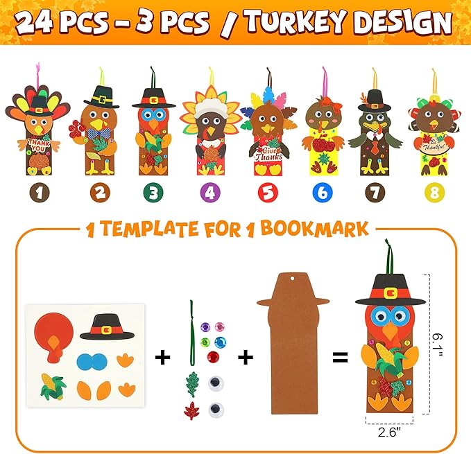 Fall Thanksgiving Crafts for Kids Adults, 24 Set Turkey Crafts Kits DIY Thanksgiving Activity Fall Party Favors Classroom Prizes Friendsgiving Gifts Thanksgiving Crafts for Kids Age 4 8 12