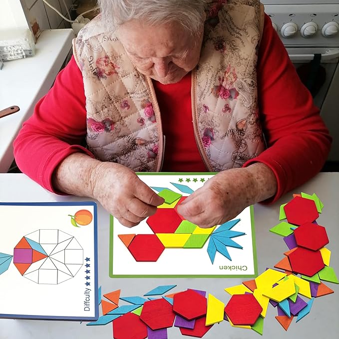Dementia Activities for Patients, 80 Pieces Wooden Tangrams Cognitive Game for Seniors, Colorful Shape Pattern Alzheimers Products for Elderly, Easy Tile Matching Memory Puzzle Board Gifts