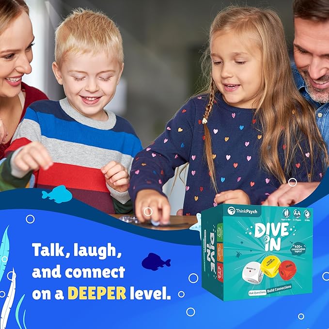 ThinkPsych Dive in - SEL Conversation Dice Game with 400+ Topics | Therapy Games for Kids & Teens | Social Emotional Learning for Home & School | Play Therapy & Counseling Toys | Ages 6-99