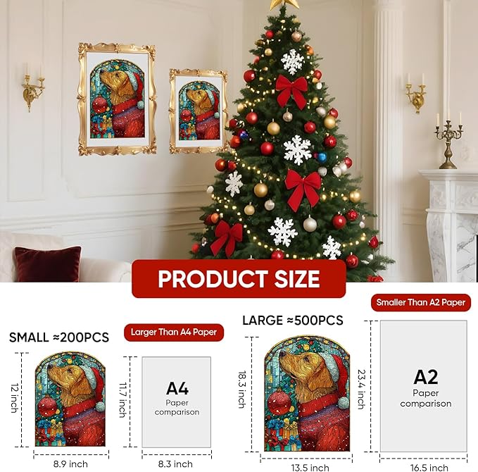 Christmas Jigsaw Puzzles for Adults - Dog with Santa Hat 202 Pcs Unique Shaped Holiday Wood Puzzle with Wooden Storage Box, Festive Family Game Night for Art Lovers 8.9x12 Inch