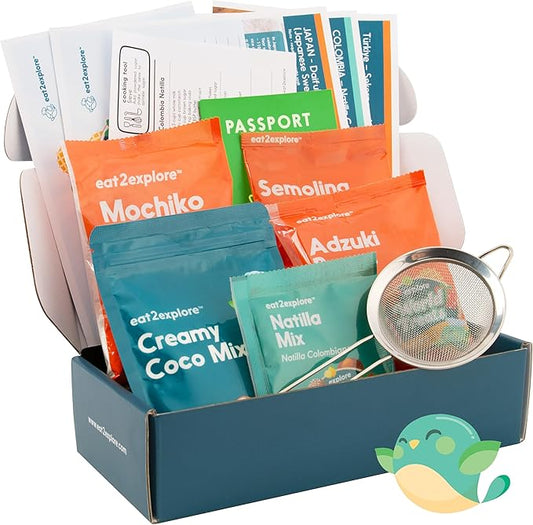 eat2explore Kids Real Dessert Baking Kit for Families | Includes 3 Recipe Cards from Japan, Turkey and Columbia with Key Ingredients, Baking Tools, Fun Kids Explorer Guide | Explore World