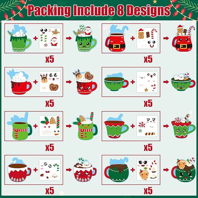 EZdhuawuse Christmas Hot Cocoa Craft Kits - 123 Christmas Hot Cocoa DIY Art Sticker Ornaments for Kids, Make Your Own Xmas Hot Cocoa Coffee Cup Art Hanging Ornaments for Christmas Tree Door Wall Decor