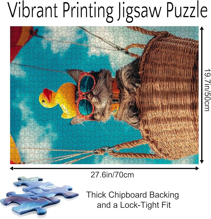 Cute Cat Wearing Colorful Lenses Jigsaw Puzzle 1000 Pieces for Adults, Skydiving in The Air Art Puzzles Colorful DIY Crafts Puzzles for Home Decor Gifts, Family Challenging Perfect for Game Nights