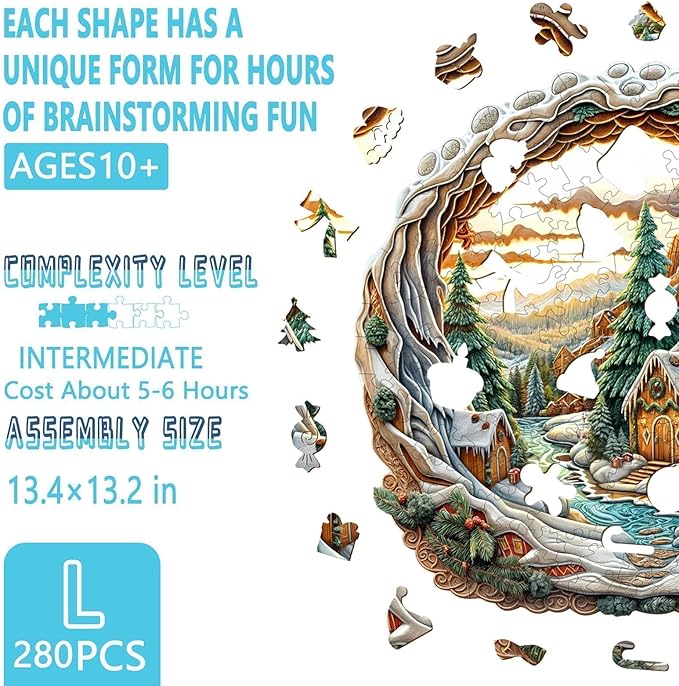 Wooden Puzzles for Adults - Snow House Puzzle, Flat Puzzle with 3D Visual Effect, Snowy Scene Wood Puzzles Adult, Wall Art Home Decor (L-13.4 * 13.2in 280 Pieces)