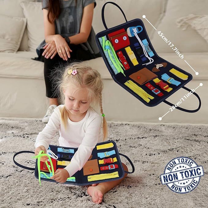 Esjay Toddler Busy Board, Sensory Board for Fine Motor Skill, Montessori Toys Educational Learning Toddler Activities for 3+ Year Old, Travel Car Airplane Toys Gifts for Boys Girls,Blue Alphabet