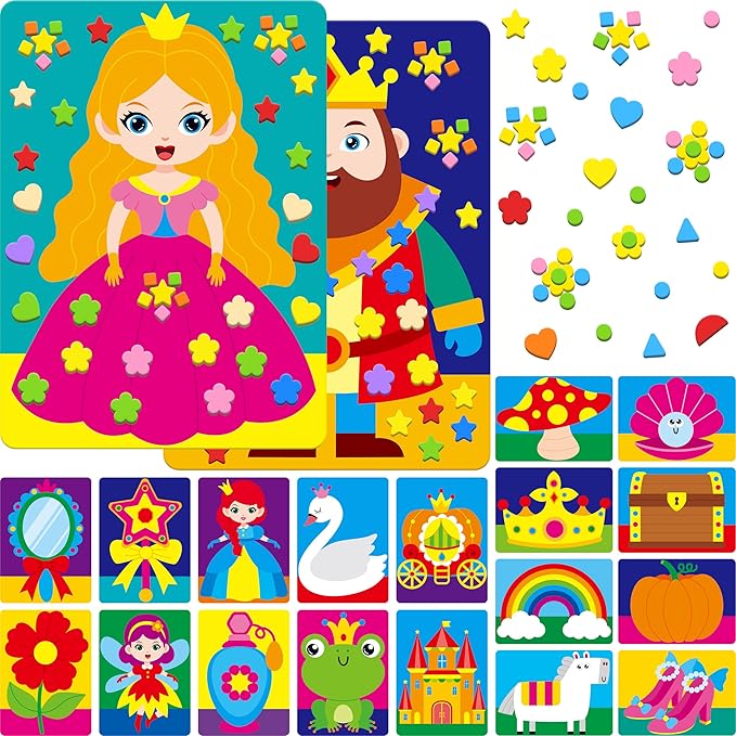 Foam Sticker Art Activity, 10 Princess & Castle Art Board with 1660 Foam Stickers in 10 Colors, Funny DIY Activity Creative Craft Kits Travel Game for Kids, Boys & Girls