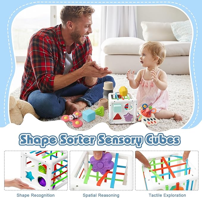 6 in 1 Montessori Toys for Babies 6-12 Months Up - Incl Pull String Toy, Stacking Cups, Tissue Box, Suction Cup Spinner, Stacking Blocks,Activity Cube, Baby Toys for 1 2 3 Year Old