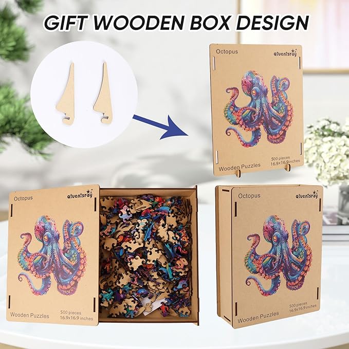500 Piece Puzzles for Adults, Wooden Octopus Jigsaw Puzzles Royal Unique Shape Ocean Puzzle, Irregular Wood Puzzles Creative Gift for Adults and Kids Family Game (16.9x16.9 in)