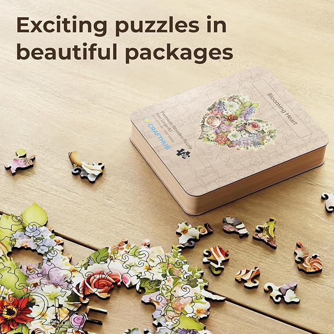 Crafthub Flowers Wooden Puzzles for Adults – A3 Blooming Heart with 128 Pieces Wood Puzzles – Jigsaw Puzzles with Unique Animal Shapes – 10.8" x 10.8"