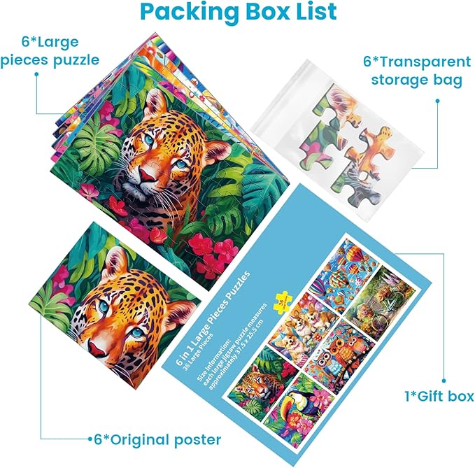 6 Packs 36 Pieces Large Puzzles for Seniors,Dementia Puzzles for Elderly Adults,Jigsaw Puzzles for Adults Seniors with Alzheimer's Dementia with 3 Storage Bags(Animals