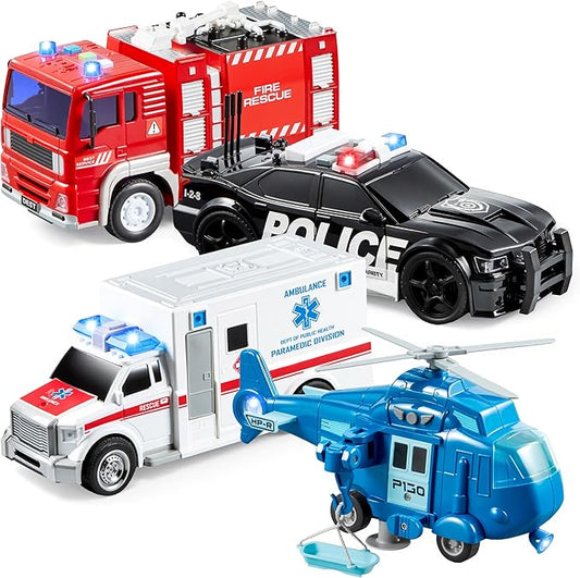 JOYIN 4 Packs Emergency Vehicle Toy Playsets, Friction Powered Vehicles with Light and Sound, Including Fire Truck, Ambulance, Play Police Car and Helicopter, Christmas Toddler Kids Boys Gifts