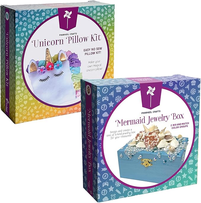 Unicorn Pillow Kit & Mermaid Jewelry Box Kit Bundle - Fun DIY Arts and Crafts Project for Kids Ages 6 7 8 9 10 11 12 - Great Gifts for All Occasions