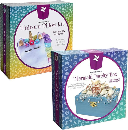 Unicorn Pillow Kit & Mermaid Jewelry Box Kit Bundle - Fun DIY Arts and Crafts Project for Kids Ages 6 7 8 9 10 11 12 - Great Gifts for All Occasions