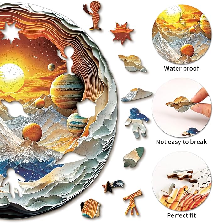 Wooden Puzzles for Adults 192 Pices, 3D Solar System Planet Wooden Jigsaw Puzzle, Flat Puzzels with 3D Visual Effect, Solar System Planet Irregular Jigsaw Puzzles, Finished Puzzle Size is 11 x 10.8in