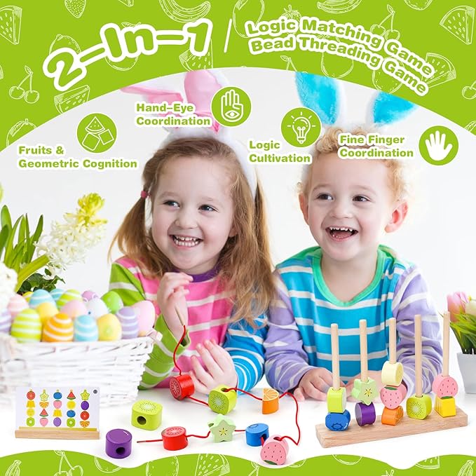 Montessori Wooden Beads Mastery Kit: Fine Motor Skills Builder for Toddlers 2-5 Stacking Blocks Lacing Beads Travel Learning Toys STEM Gifts for 2 3 4 5 Year Old Boys Girls Toys for Ages 2-4