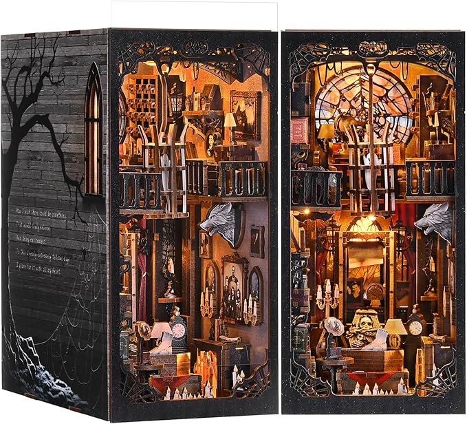 Book Nook Kit - Haunted Manor DIY 3D Wooden Puzzle for Adults, Horror Bookshelf Insert with LED Lights, Halloween Home Decor Gift,The Gothic Dark Family