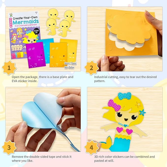 VKPI 4 Pieces EVA Foam Art Crafts Gift Kit, Creative Make Your Own Mermaids, Cartoon Foam Paper Craft Projects for Kids Ages 4+ Toddler, Preschool Learning Toy for Birthday Party Favor Supplies