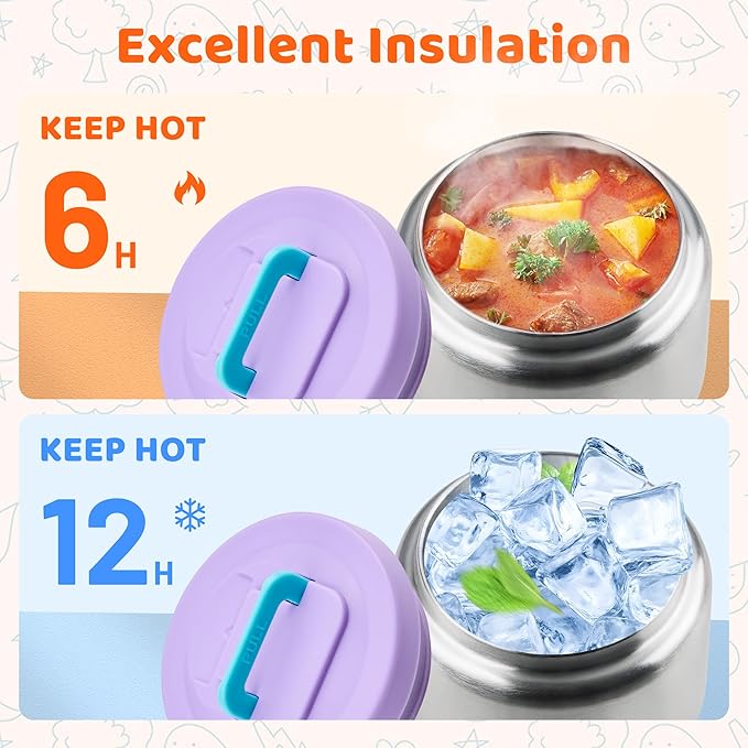 Lunch Box for Kids With 8oz Soup Thermo, Leak-proof Lunch Container with 2 Compartments, Thermo Food Jar Food Containers for Back to School Girls Boys (Purple)
