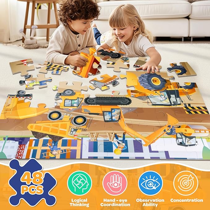 Construction Floor Puzzle for Kids - 48 Pieces Large Construction Vehicle Jigsaw Puzzles for Kids 3-5, Toddler Learning Preschool Educational Toys 12 Month+, Birthday Christmas Gifts for Boys Girls