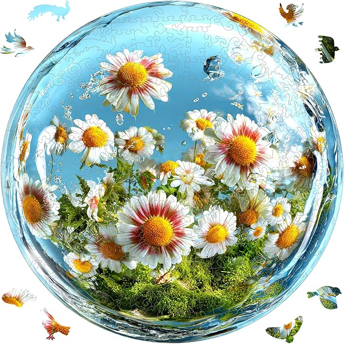 Wooden Puzzles for Adults 500 Pieces, Water Drop Daisy Jigsaw Puzzles, Unique Design Adult Puzzles for Family Brain Game Gift, 16.5x16.5 inch