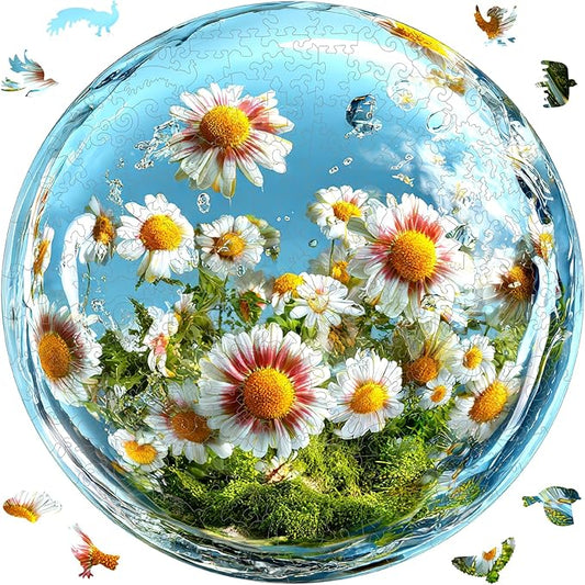 Wooden Puzzles for Adults 500 Pieces, Water Drop Daisy Jigsaw Puzzles, Unique Design Adult Puzzles for Family Brain Game Gift, 16.5x16.5 inch