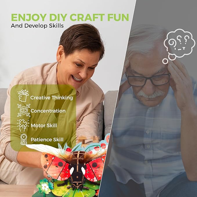 3D Wooden Puzzles for Adults, Garden Insects Collection, Educational DIY, Ladybug, Bees and Dynastes Models (Ladybug)