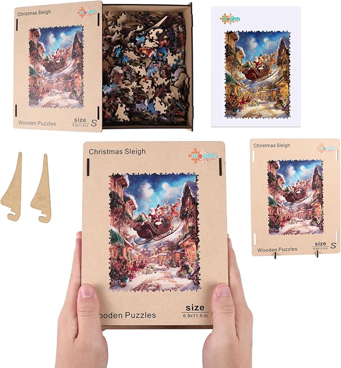 Christmas Sleigh Wooden Puzzles for Adults & Kids - 200 Pcs, Luxury Shaped Wood Jigsaw Puzzle, 8.9"x11.8", Challenging Holiday Family Game, Home Decor