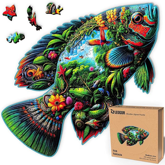 LEOGOR Wooden Jigsaw Puzzles for Adults 200 Pieces (16 × 9.6 in), Fish Puzzle, Extra-Thick 5mm Wood, Sea Life Mosaic Design, Unique Animal Shapes, Relaxing Artistic Gift for Adults and Teens