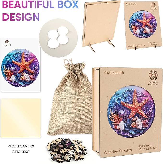 delobil Wooden Puzzles for Adults, Shell Starfish Jigsaw Puzzles 500 Pieces, Unique Shape Puzzles with Wooden Box, 16.5 x 16.5 Inches Family Game Gift, Fun Challenging Puzzles for Adults and Kids