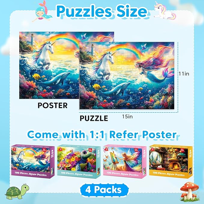 4 Packs 100 Piece Puzzles for Kids Ages 6-8 8-10, Mermaid Unicorn Puzzle for Girls 4-6 Years Old Educational 100 Piece Large Jigsaw Puzzles, Kids Puzzles 4-6 Toys Gifts for Girls Boys