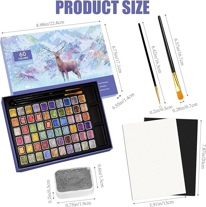 Mini Shimmer Watercolor Paint Set, 60 Colors Glitter Metallic Watercolour Painting Sets, Solid Pearl Water Color Paints for Artists, Amateur Hobbyists and Painting (60 Colors)