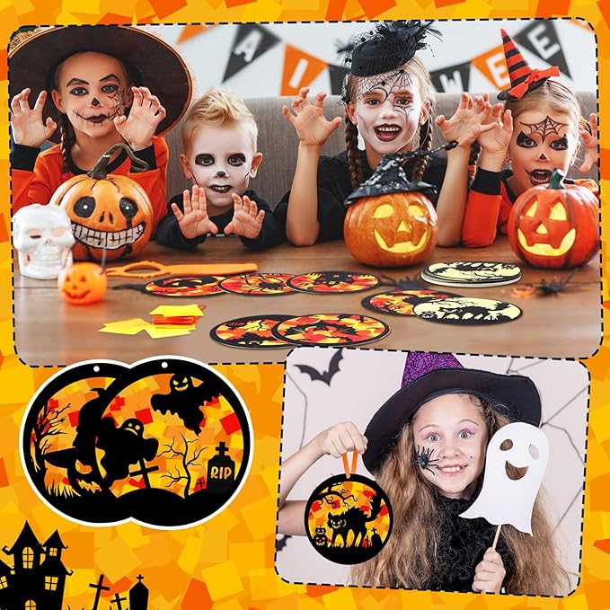 Funrous 32 Set Halloween Suncatchers Crafts Kit Orange Pumpkin Suncatcher Paper Crafts with Tissue Paper DIY Window Stained Glass Decor Hanging Ornaments for Halloween DIY Activities Party Favors