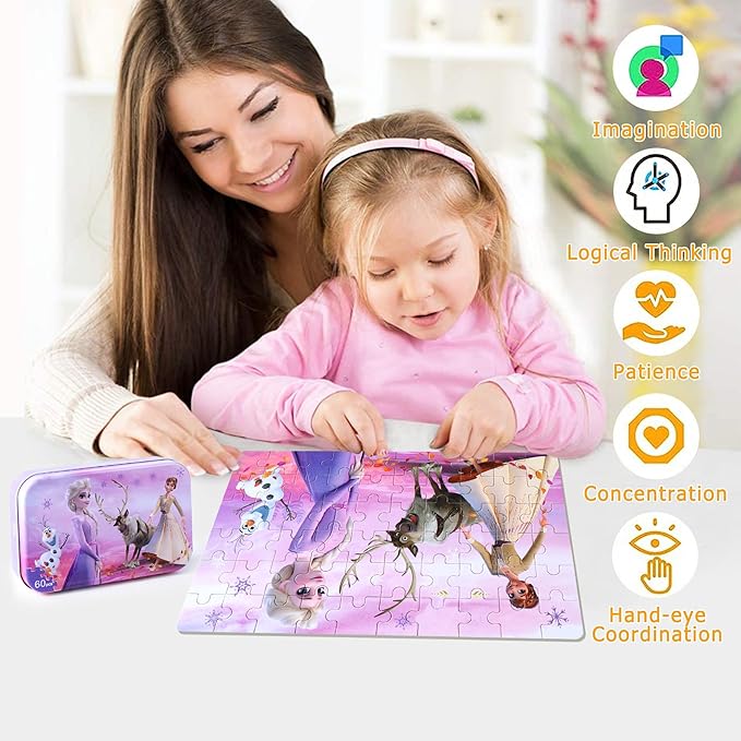 LELEMON Pretty Puzzles for Kids Ages 4-6, Snowmen 60 Piece Puzzles for Kids Ages 4-8,Children Jigsaw Puzzles in a Metal Box,Educational Learning Puzzle Toys for Girls and Boys