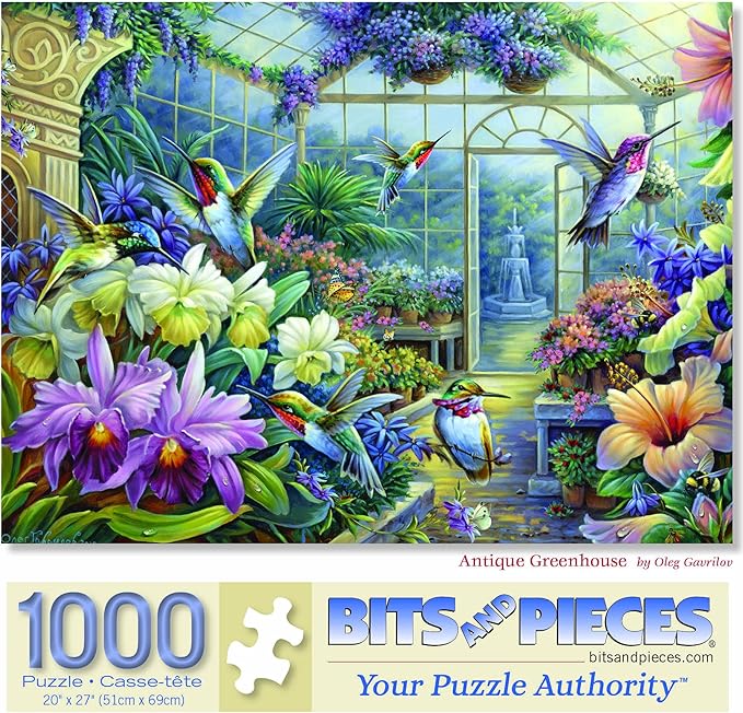 Bits and Pieces – 1000 Piece Jigsaw Puzzle for Adults – Antique Greenhouse - Flower Garden Country Bird Fountain Jigsaw Puzzle by Artist Oleg Gavrilov, Completed Puzzle Size: 20" x 27"