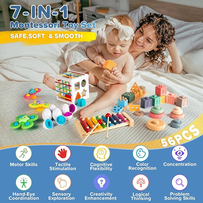 7‑in‑1 Montessori Baby Toys for 6‑12 Months & 1+ Years, Infant Sensory Teething & Stacking Blocks | Wooden Shape Sorter, Xylophone Musical Toy, Birthday Gift for Toddlers 1‑3