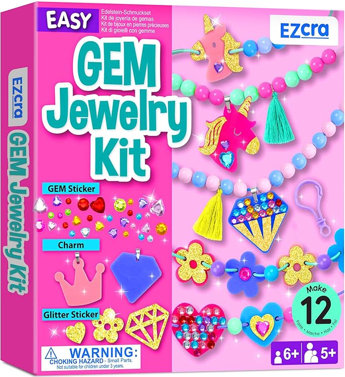 EZCRA Bracelet Making Kit for Kids 4-6 - 12 DIY Jewelry Craft Set with Beads, Gem Stickers and Charms for Girls Ages 5-8 - Easy DIY Bracelet Kit, Gift for Girls