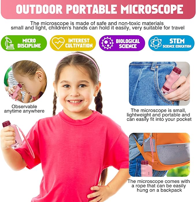 Portable Microscope for Kids Zoom 60x-180x,Handheld Mini Microscope STEM & Science Toys,LED Pocket Little Scientist Microscopes with 12pcs Slides,Gifts for 6,7,8,9,10+ Girls Boys（2PCS Pink）