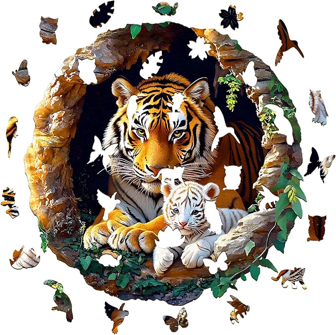 Wooden Puzzles for Adults, Wooden Jigsaw Puzzles for Adults Kids, 3D Tiger Family-1 Unique Animals Shaped Wood Puzzles Adult, Birthday Gifts for Friends Family Game, Home Decor(11.4 * 11.3in 200pcs)