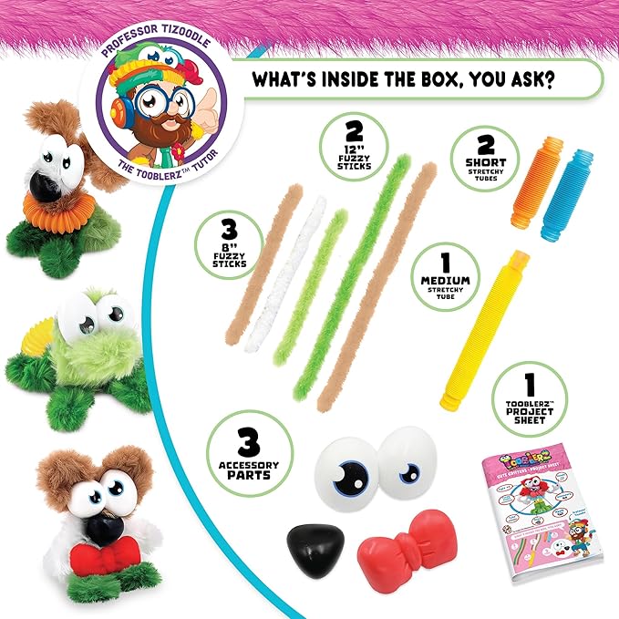 WeVeel TOOBLERZ Cute Critters Medium Set – 12-Piece Mix-and-Match Craft Kit for Kids – Includes Fuzzy Chenille Sticks, Fidget Tubes & Character Accessories – Creative Toy for Ages 6+