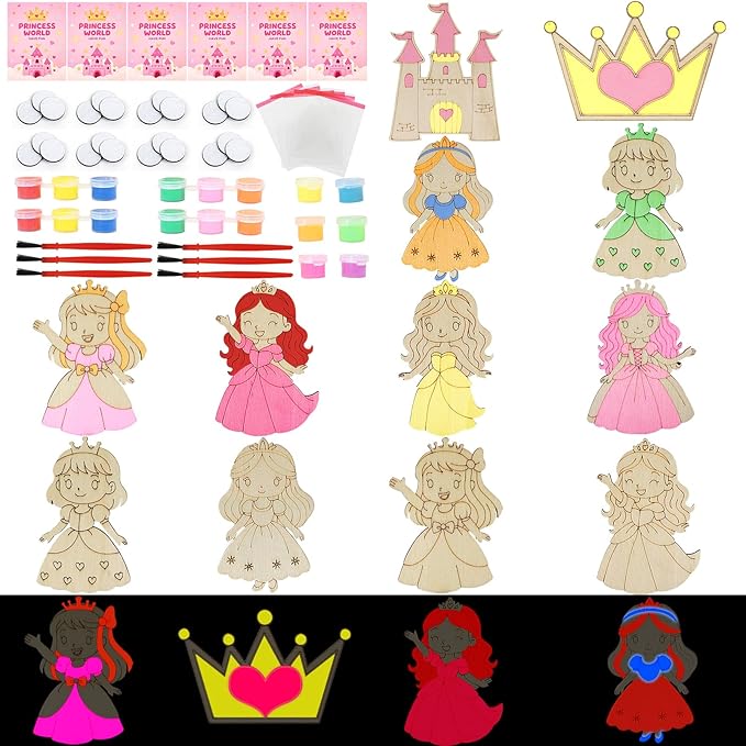 LARDUX Princess Party Favors, 24PCS DIY Wooden Arts & Crafts Painting Kit for Kids, Glow in The Dark Party Favors Family Crafts Birthday Party Christmas Gifts Toys for Boys Girls