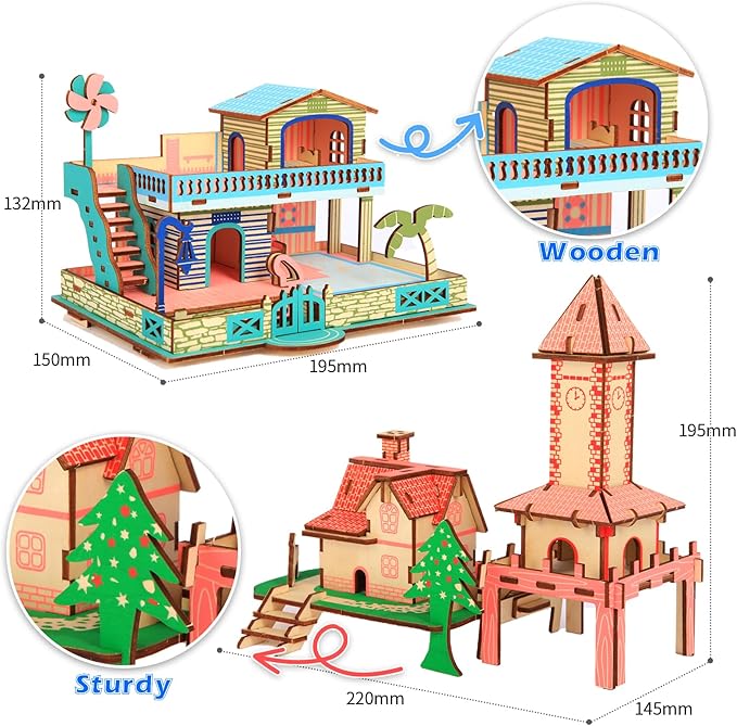 3D Wooden Puzzle,3D Architectural Model Building Set for Teens and Kids Ages 8+,Coffee Table Decor,Arts and Crafts for Kids. (2 Puzzles)