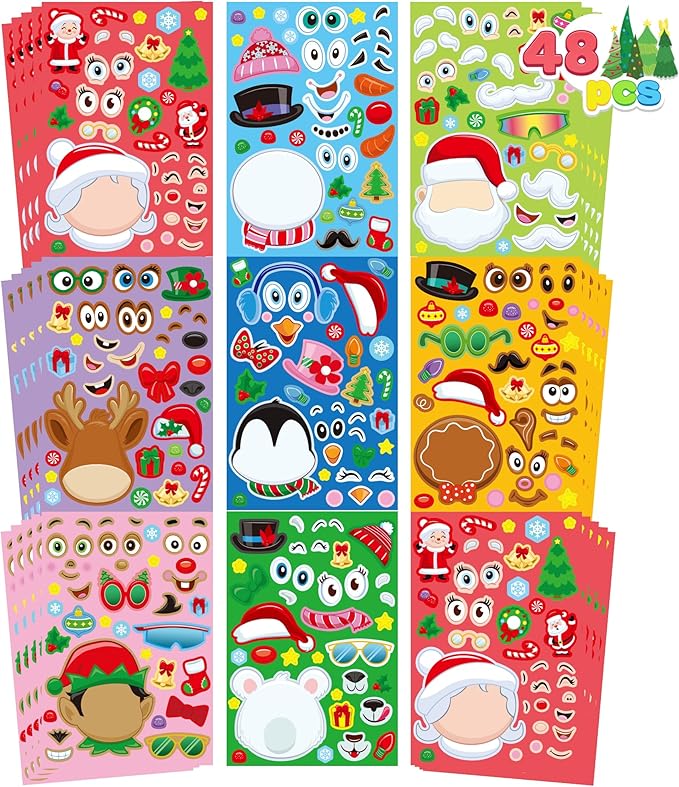 JOYIN 48 Pcs Christmas Make-a-face Sticker Sheets Make Your Own Characters Mix and Match Sticker Sheets with Santa Santa, Reindeer, Gingerbread, Snowman and Elf, Kids Party Favor Supplies Xmas Craft