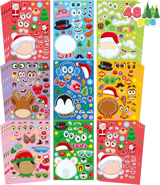 JOYIN 48 Pcs Christmas Make-a-face Sticker Sheets Make Your Own Characters Mix and Match Sticker Sheets with Santa Santa, Reindeer, Gingerbread, Snowman and Elf, Kids Party Favor Supplies Xmas Craft