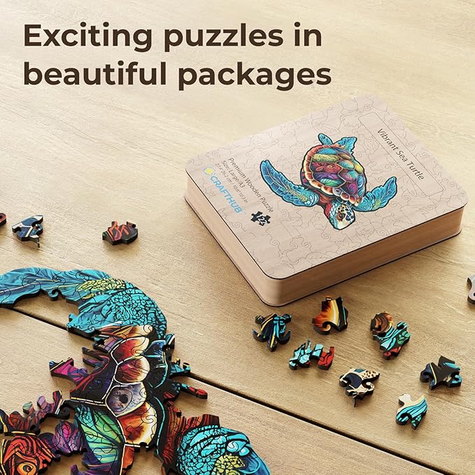 CRAFTHUB Animal Wooden Puzzles for Adults – A3 Vibrant Sea Turtle with 122 Pieces – Jigsaw Puzzles with Unique Animal Shapes – 10.7" x 10.3"